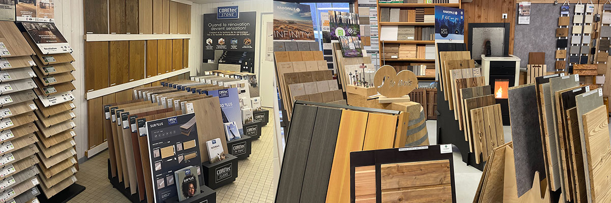 Echantillons de bois et présentoirs de parquets et stratifiés magasin Accrobois